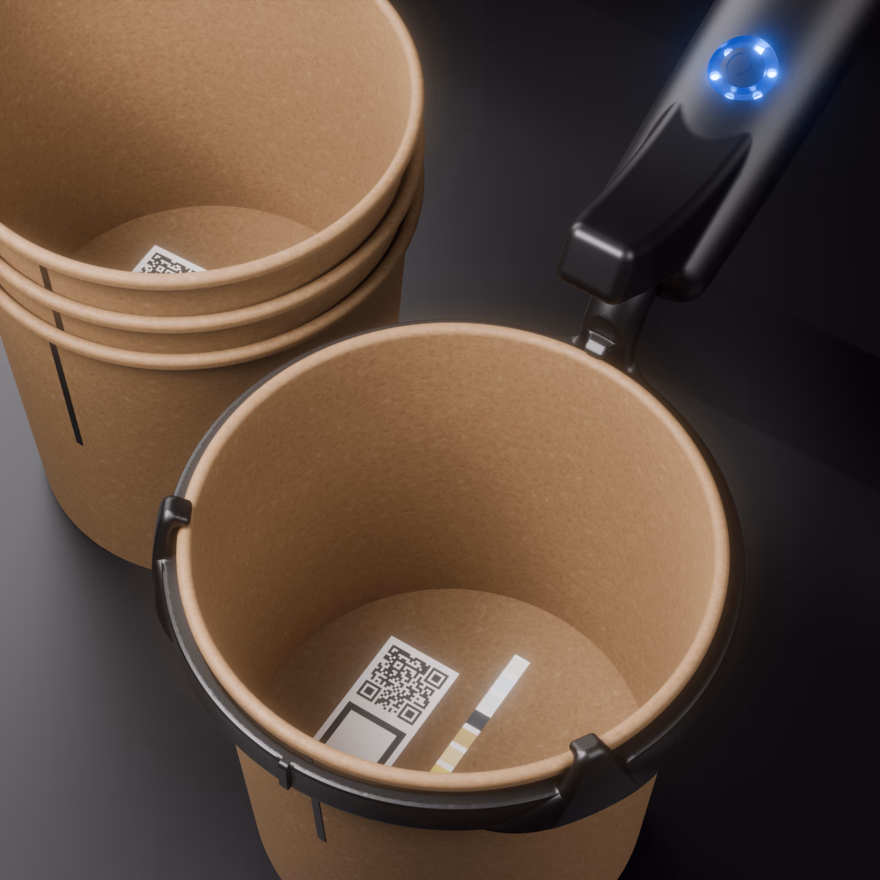 Streamcheck test cup with integrated test strip