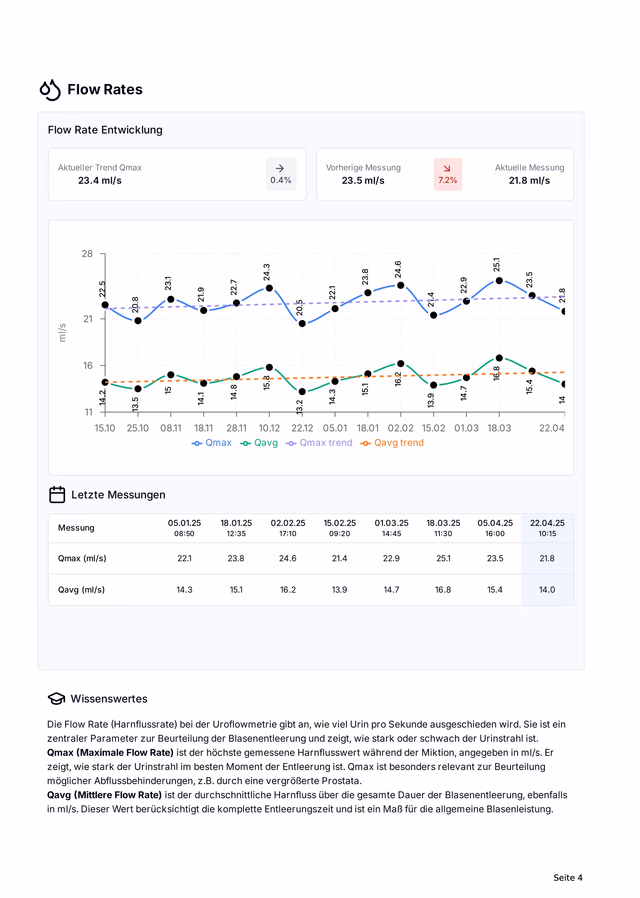 Professional report page with flow-rate trend and measurement table