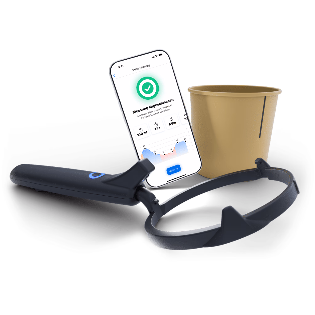 Streamcheck Standard measurement device, charging station, measuring cup and app view